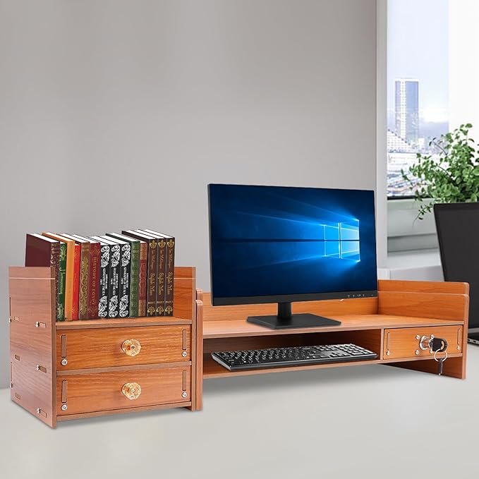 Wood Computer Monitor Stand, Computer Rack with Adjustable Desktop Storage Organizer and Drawer, Tabletop Monitor Stand for Computer Printer Cellphone