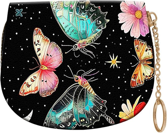 Women's Slim RFID Wallet – Compact Leather Card Holder Wallet for Women, 9 Card Slots RFID Blocking Credit Card Organizer, Small Travel Wallet - Butterfly Moon Flower
