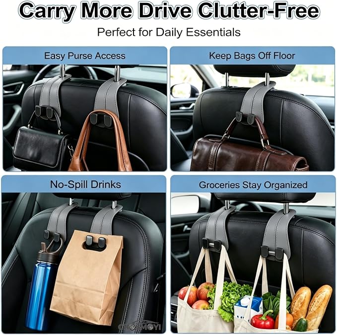 CHOSMOYI Leather Car Purse Hook for Headrest, 2 Pack Seat Back Organizer for Handbags, Groceries & Essentials, Heavy Duty Car Accessories (Grey)