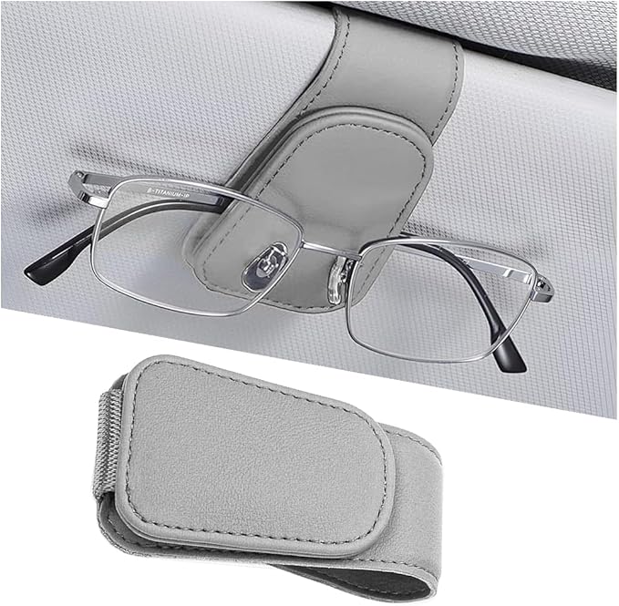 Sunglasses Holder for Car Visor, Microfiber Leather Magnetic Sun Visor Eyeglasses Hanger & Ticket Card Clip, Multi-Function Automotive Interior Glasses Mount, Universal Fit (Light Gray)