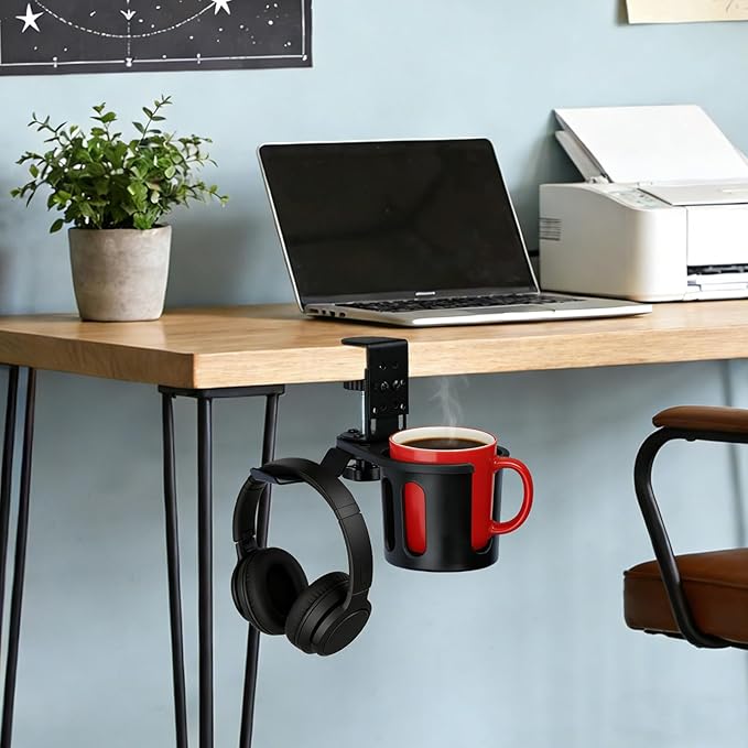 MYITYARD Desk Cup Holder Clamp, 2 in 1 Anti-Spill Clip On Table Cup Holder with Headphone Hanger, Rotatable Water Bottle Stand Drink Coffee Mug Storage, Office Accessories for Home and School