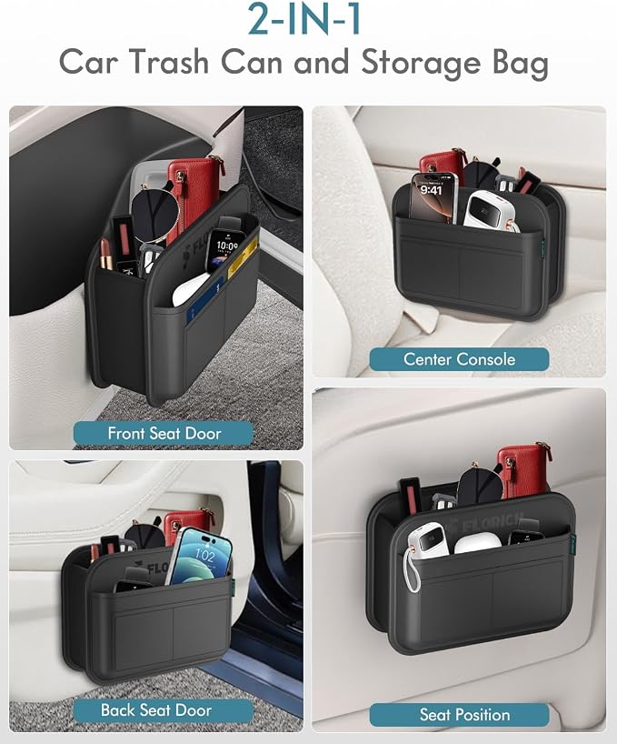 FLORICH Car Door Organizer, Small Leather Foldable Hanging Organizer and Trash Can 2-in-1, Multi-Function Mini Storage Box Garbage Can for Car Back Seats and Side Door-1Pack