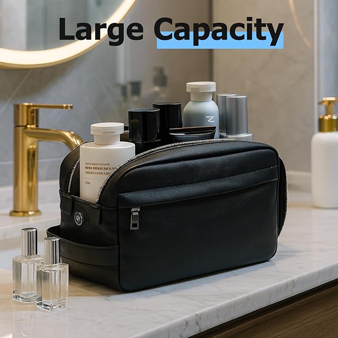 MIRASON Toiletry Bag for Men Leather Travel Toiletry Bag Dopp Kit with Metal Zippers, Water-Resistant Bathroom Bag for Travel Essentials Shaving Bag Gifts for Men, Black