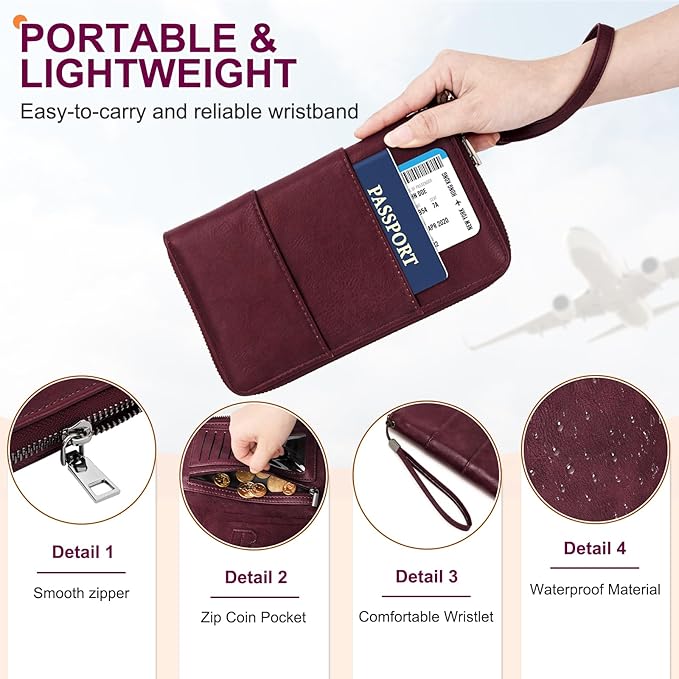 Family Passport Holder Wallet with Zipper, RFID Blocking Travel Document Organizer, PU Leather Passport Wallet for Women Men, Passport Cover Travel Wallet for Boarding Pass, ID, Money, Ticket