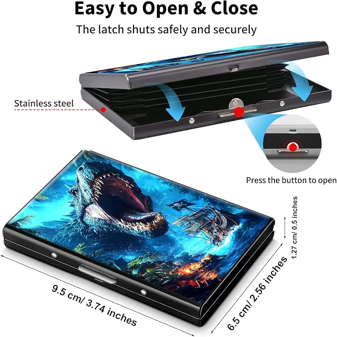 Metal Wallet,Credit Card Holder for Women Men,RFID Blocking Card Holder Mini Slim Aluminum Wallet ID Case Hard Case Business Card Holder Case,Blue Glitter Dinosaur