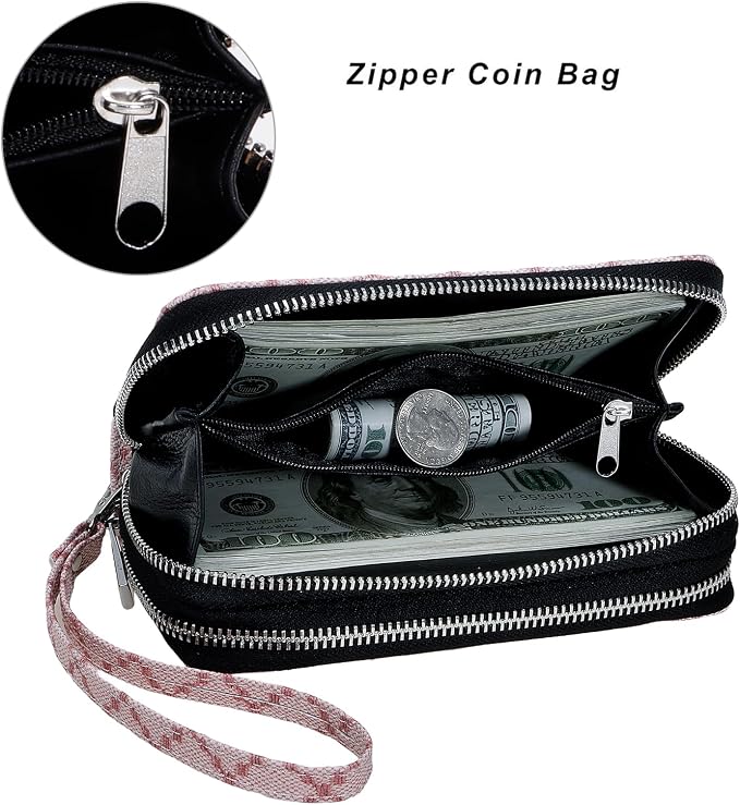 Cellphone Wallet for Women Dual Zipper Long Purse with Removable Wristlet