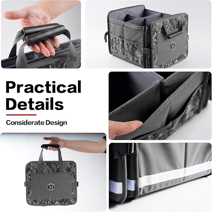 LIBZAKI Car Trunk Organizer,3 Compartments Big Trunk Storage, Large Capacity, Foldable, 95L Heavy Duty Storage Box for Car, SUV, Truck,Jeep, Includes 26L Cooler Bag -Gray Camouflage