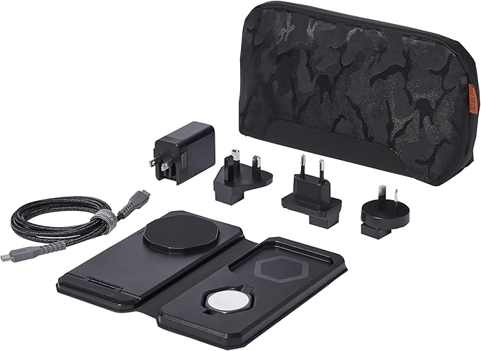 UAG SRGE 3-in-1 Travel Desktop Charger 15W Foldable Wireless Charging Station Compatible with MagSafe for iPhone 15, AirPods, Apple Watch, Black/Gray (25W USB-C PD Charger & Global Adapter Included)
