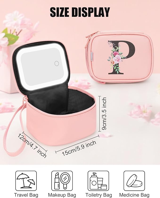 Relavel Mini Makeup Bag with Led Mirror, Initial Make Up Bag, Personalized Travel Cosmetic Pouch with 3 Light Modes, Birthday Gifts for 11 12 13 14 15 16 17 18 Years Old Girl Teen Women - Pink P