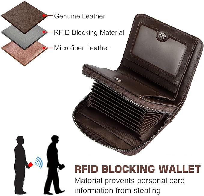 HUANLANG Mens Wallet RFID Blocking Multi Card Holder Wallets for Men Bifold Wallet with Zipper Small Men's Leather Wallet