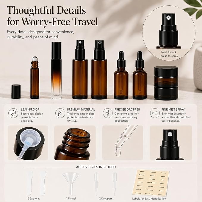 18Pack Avoid light Glass Travel Bottles for Toiletries, TSA Approved Skincare Travel containers with Label, BPA Free Leak Proof,Black-Brown