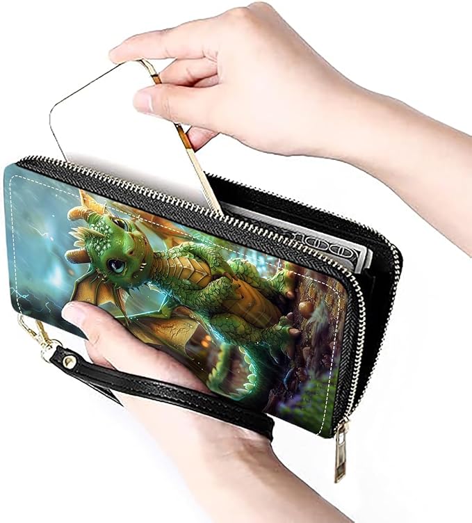Women's Large Capacity Wallet PU Leather Zip Around Clutch Purse Multifunctional Wallet with Removable Wristlet Strap for Smart Phone/Coin/Card/Cash, Cute Dragon Baby