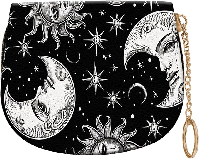 Women's Slim RFID Wallet – Compact Leather Card Holder Wallet for Women, 9 Card Slots RFID Blocking Credit Card Organizer, Small Travel Wallet - Vintage Sun Moon Stars