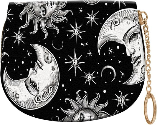 Women's Slim RFID Wallet – Compact Leather Card Holder Wallet for Women, 9 Card Slots RFID Blocking Credit Card Organizer, Small Travel Wallet - Vintage Sun Moon Stars