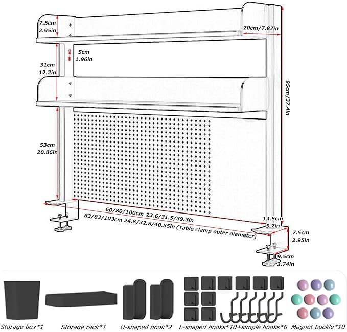 Clamp On Desk Organizer Shelf, BLACK Desk Extender Pegboard Workstation,Computer Desk Accessories for Office, Privacy Panel for Gaming Desk,23.6/31.4/39.3in Desktop Shelving System (100cm/39.3in)