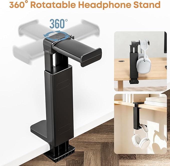 Headphone Stand & Hanger for Desk, 2 in 1 Above & Under Desk Gaming Headset Holder Mount with Height Adjustable & Rotating Clamp, Dual-sided Anti-slip Pad, Earphone Rack with Cable Clip, 1 Hooks