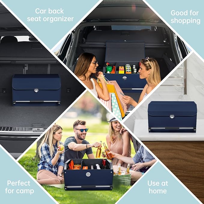 Car Trunk Organizer, Car Trunk Leather Storage Box with Lid and Push-pull Handle Car Trunk Storage Organizer for Car (Blue, 20.47 x 11.42 x 12.2in)