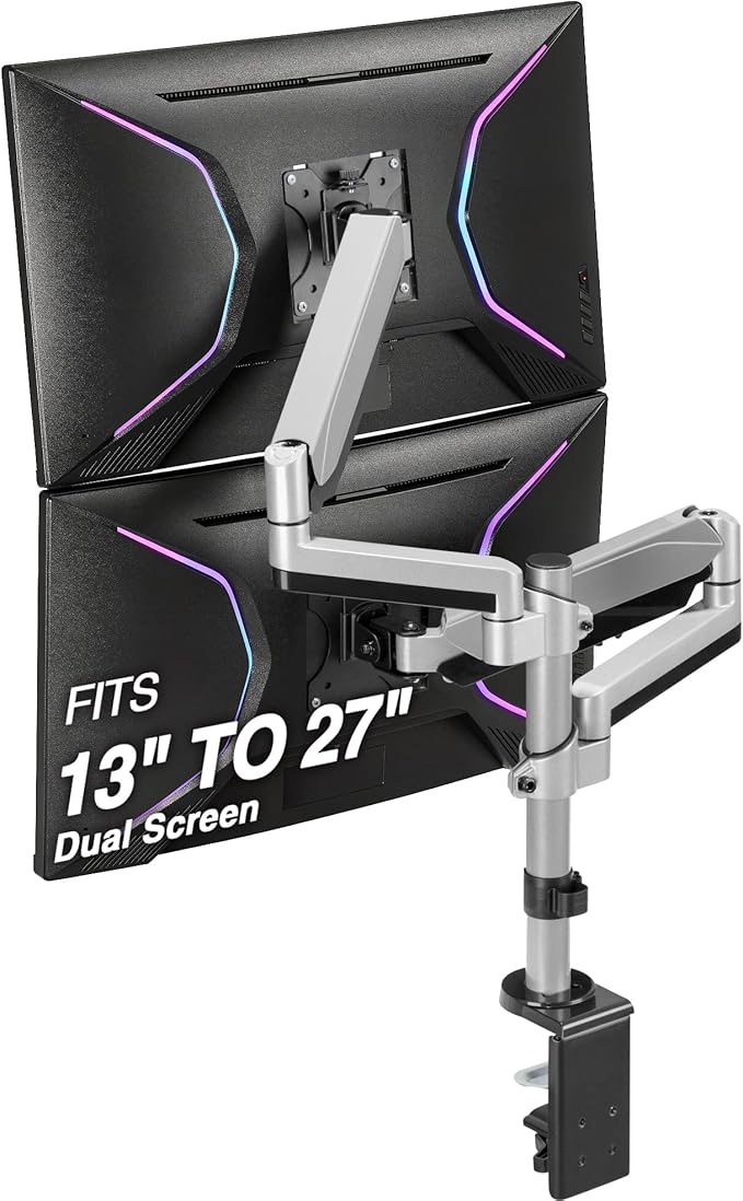 AVLT Dual 13 to 27 in Stacked Monitor Arm Desk Mount, Fits Two Flat or Curved Screens, Full Motion Height Adjustable Swivel Tilt Rotation, VESA C-Clamp Grommet Cable Management