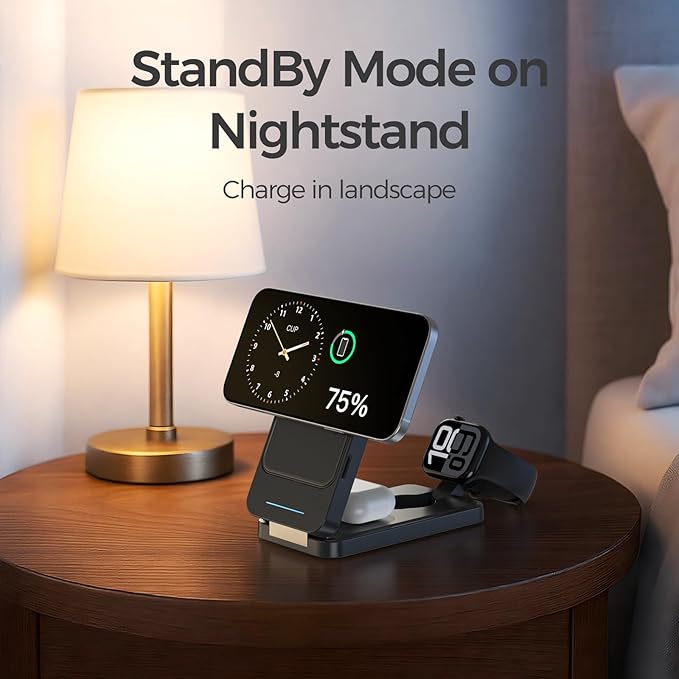 ANJANK 3 in 1 Foldable Wireless Charging Station for Travel, 5000mAh Removable Mag-Safe Power Bank, Portable Magnetic Charger Stand for iPhone 17 16 15 14 13 Pro Max Plus, Apple Watch Series, AirPods