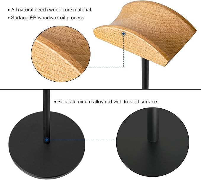 Headphone Stand for Desk - Gaming Headset Stand with Wooden Support Plate, Headset Holder with Aluminum Alloy Support Rod