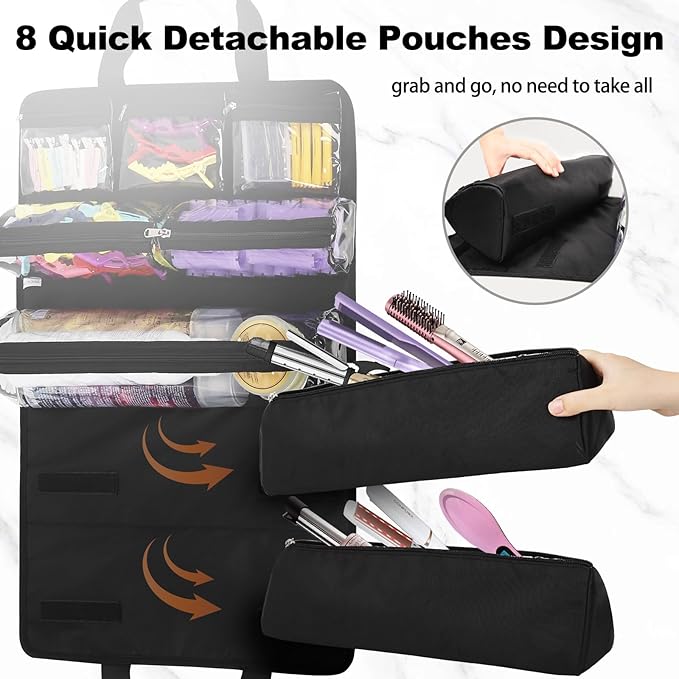 Hair Tools Travel Bag, Roll Up Tool Bag Organizer for Hair Stuff, Hairstylist Traveling Bag with 8 Detachable Zipper Pouch, Professional Cosmetology Bag for Hairdresser Barber, Heat Resistant Lining