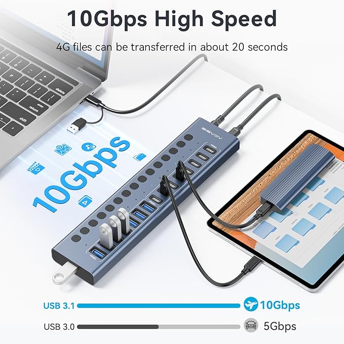 Powered USB 3.2 Hub, ACASIS 16 Ports USB 3.2 Hub(8 USB-A 3.2 Ports+8 USB-C 3.2 Ports), Aluminum USB Hub Powered with 96W Power Adapter, USB Hub for PC/Laptop, Computer, Flash Drive, Printer, Camera