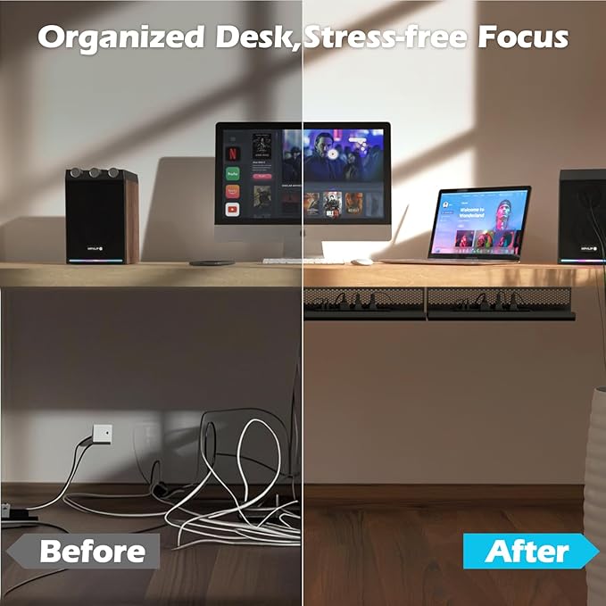 KHAMAL Cable Management Under Desk 52PCS - Cable Management Tray Kit Ventilated Hexagonal Design with Cable Clips, Wire Ties, Cord Holder & Screws for Office, Home - 4 Black Sets