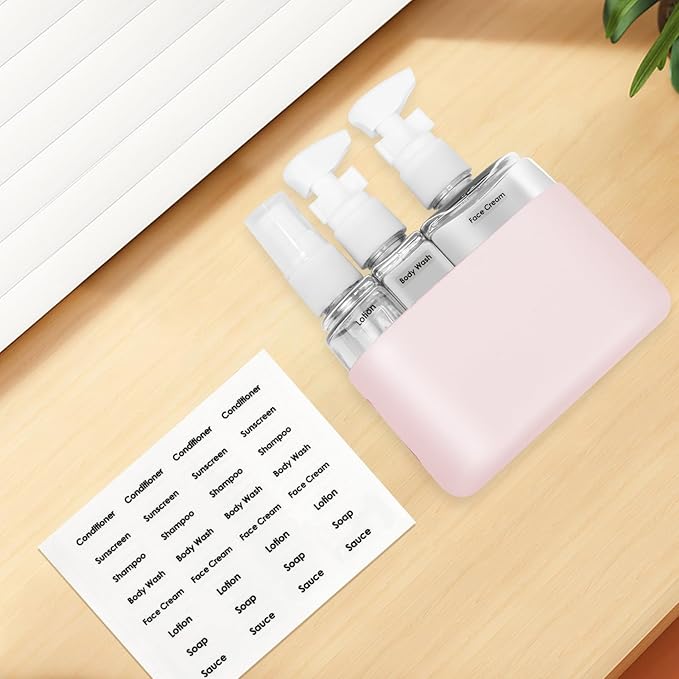 Skycase Travel Bottles - Leak Proof Refillable Tsa Approved Travel Size Toiletries, 3 in 1 Liquid Bottles Containers with Labels and Funnel Airplane Accessories Kits for Lotion Liquid (Pink)