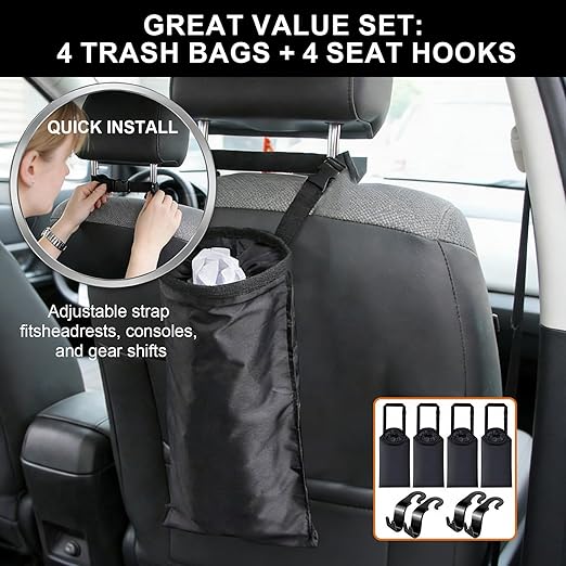 4 Pack Hanging Car Trash Bags, Washable Automotive Garbage Can for Back Seat with 4 Car Headrest Purse Hooks