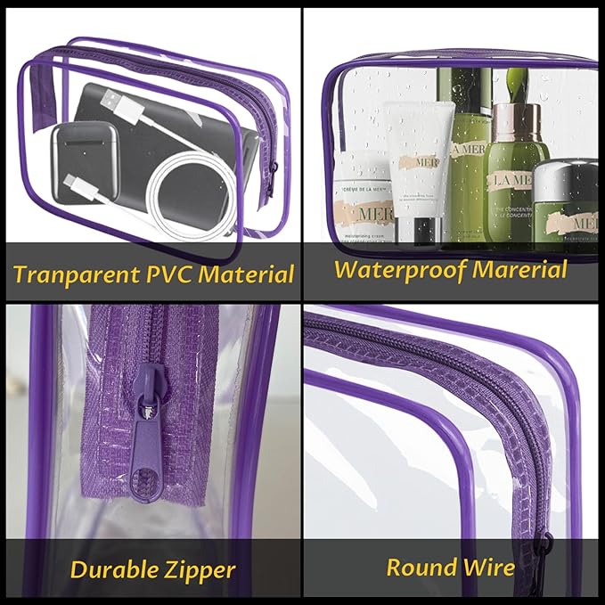 YedsIntu 16 Pieces Clear Makeup Bag PVC Zippered Clear Toiletry Carry Pouch Portable Cosmetics Bag Waterproof Makeup Bag Vinyl Plastic Organizer Case for Travel Vacation Bathroom (Purple-M)