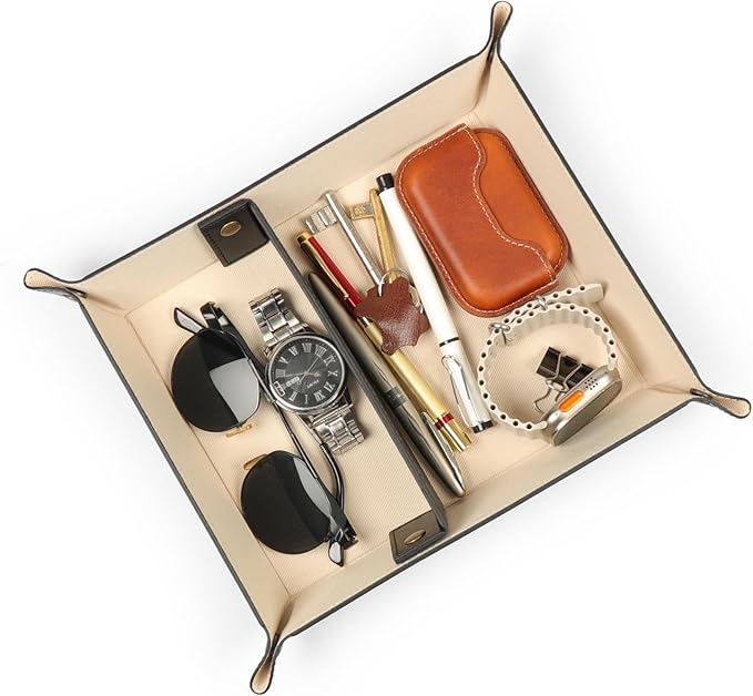 Londo Leather Tray Organizer - Practical Lightweight Water Resistant Computer Table Desk Storage Box for Wallets, Watches, Keys, Coins, Cell Phones and Office Equipment