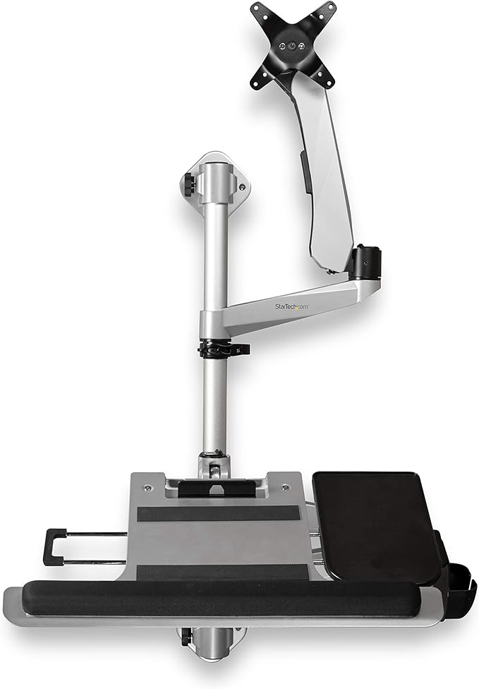 StarTech.com Wall Mount Workstation - Articulating Standing Desk w/Ergonomic Height Adjustable Monitor Arm & Padded Keyboard Tray - 34" VESA Display - Foldable Wall Mounted Sit Stand, TAA