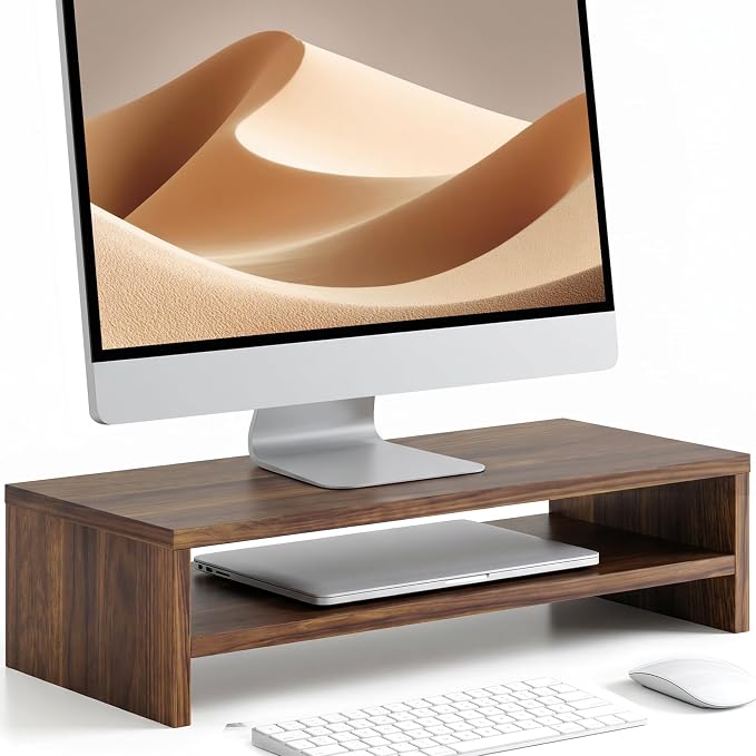 FITUEYES Monitor Stand - 2 Tier Computer Monitor Riser with 21.3 Inch Shelf, Wood Desktop Stand for Laptop Computer Screen, Desk Organization, Office Supplies