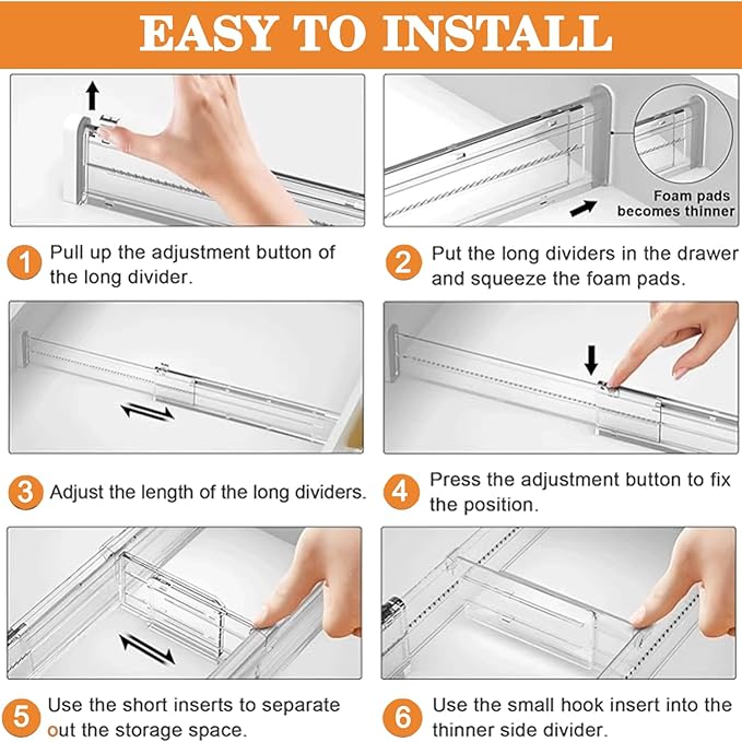 Acrylic Drawer Dividers ??Adjustable 11??0.8 Inch Expandable Deep Dresser Drawer Dividers ??Clear Plastic Drawer Separators for Baby Clothes, Underwear, Kitchen & Office Storage.