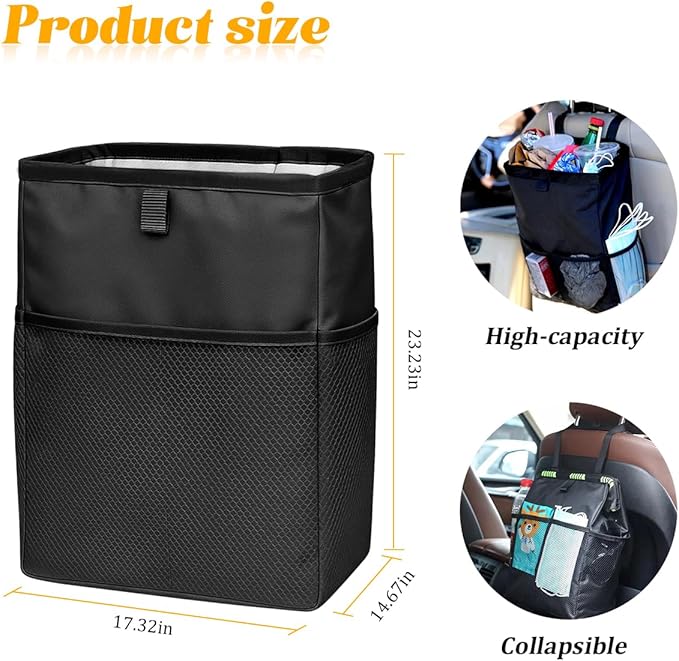 Car Trash Bag, Leak-Proof Large Capacity 3.4 Gallons Hanging Vehicle Trash Bin with Storage Pocket, Multipurpose Portable Auto Garbage Bag for Travel, Universal Fit (Black)