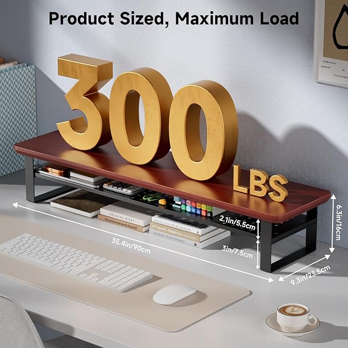 Dual Monitor Stand, 35.4 Inch Monitor Stand Riser for 2 Monitors, 2 Tiers Wood Desk Shelf with Storage, Desktop Organizer Stand for Computer, Laptop, Printer, TV