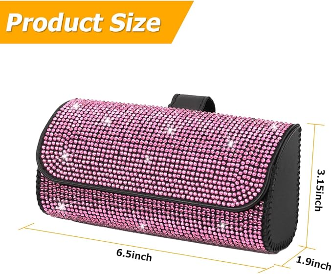 Osilly Bling Car Sunglass Holder for Sun Visor, Sparkling Crystal Leather Automotive Eyeglasses Mount Clip Organizer with Hidden Magnetic Closure for Men Women, Universal for SUV Truck Van（Pink）