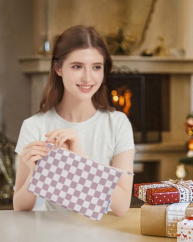 Narwey Small Checkered Makeup Bag for Purse Small Cosmetic Bag Women Travel Makeup Pouch Zipper Pouch (Dusty Rose Checkerboard)