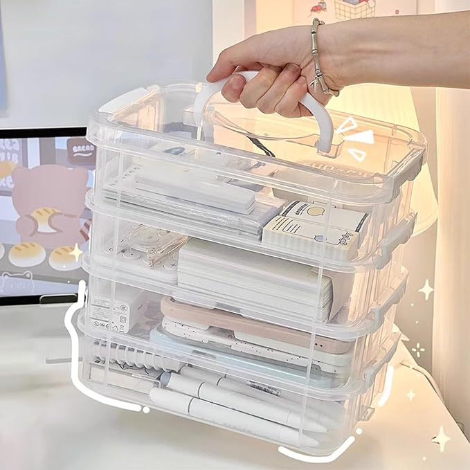 4-Tiers Plastic Storage Box, Stackable Storage Bins With Lids, Handle, Clear File Box Plastic, Parts Tools Sorting Plastic File Storages Boxs For Craft Art School & Office Supplies