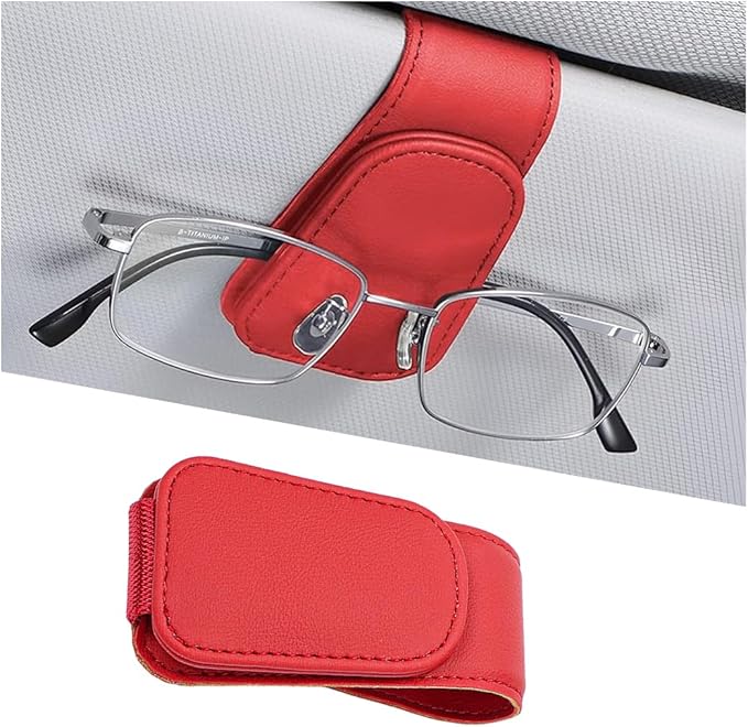 Sunglasses Holder for Car Visor, Microfiber Leather Magnetic Sun Visor Eyeglasses Hanger & Ticket Card Clip, Multi-Function Automotive Interior Glasses Mount, Universal Fit (Red)