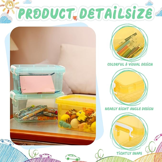 Wenqik 6 Pack Colorful Plastic Storage Bins with Lids 4 Quart Small Storage Latch Box Stackable and Nestable Clear Organizer Bins with Latching Handle and Buckle for Organizing(Cute Color)