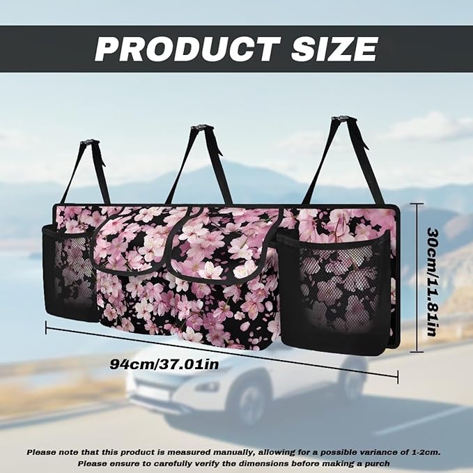 Cherry Blossom Car Organizer and Storage Seat Back Hanging Organizers Storage with 4 Pockets 3 Adjustable Straps Foldable Cargo Storage for SUV, Truck, MPV