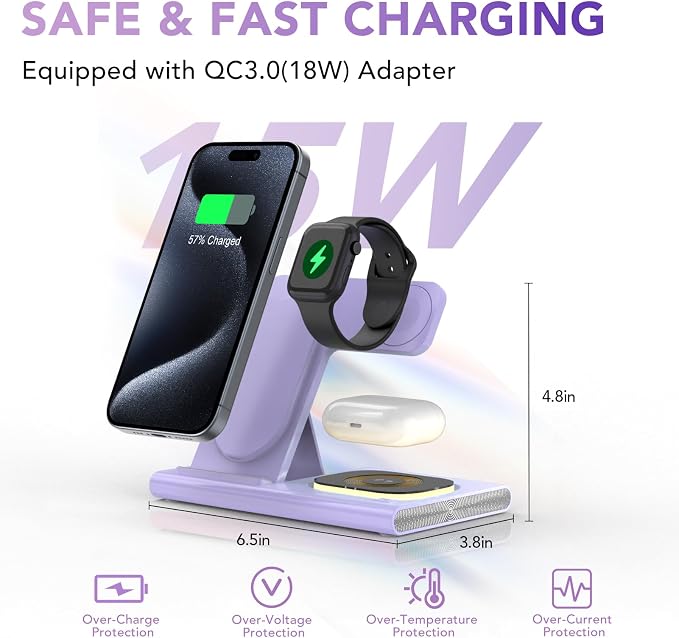 3 in 1 Charging Station for iPhone 17 - Wireless Charger for Apple Devices for iPhone 17 16 15 14 13 12 11 Pro Max - Foldable Wireless Charging Station Dock Stand for Apple Watch Series & AirPods