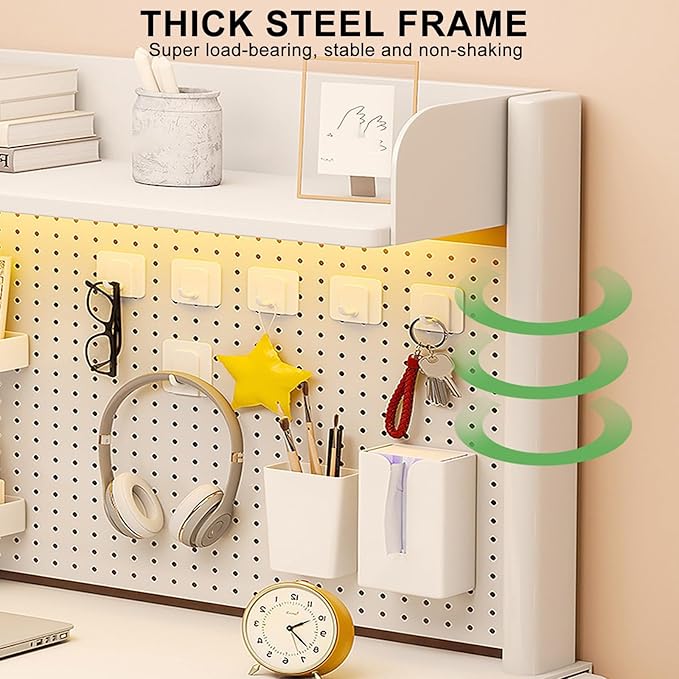 Desktop Bookshelf, Desk Extender Pegboard Workstation, 2 Tier Small Desk Extension Shelving Unit, Multipurpose Desktop Hutch Storage Organizer for Dorm Office Home(White,60x20x95cm/24x8x37in)