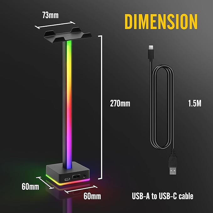 EZDIY-FAB USB LED Light Bar Headphones Stand, Desktop Atmosphere RGB Backlight,50 Built-in Color modes, Headphone Holder for Gamers Gaming PC Accessories Desk- Black- 1 Pack