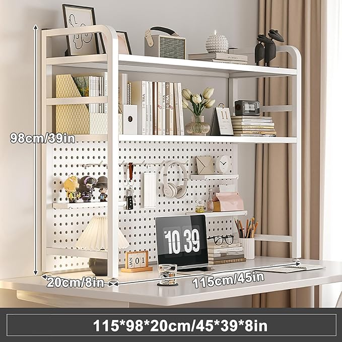 Standing Desk Shelf Desk Shelf Organizer, Countertop Hutch Bookcase Organizer, Desktop Bookcase Bookshelf Desk Hutch, Home Decor, Load Bearing Capacity 50 kg/110 lbs(White,115*98*20cm/45*39*8in)
