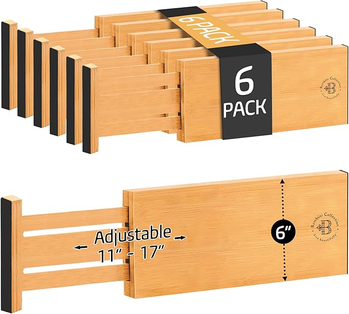 6-Pack Drawer Dividers - 6 Inches High, Adjustable 11 to 17 Inches Bamboo Drawer Organizers, Large Deep Expandable Separators for Clothes, Dresser, Bedroom, Bathroom, Baby , Office, Kitchen Utensils
