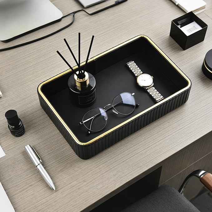 PU Leather Valet Tray,Desk Organizer Tray Nightstand Organizer Trinket Dish Storage Key Bowl Decorative Trays for Phone Wallet Jewelry Watch,Bathroom Bedroom Perfume Vanity Trays,Black