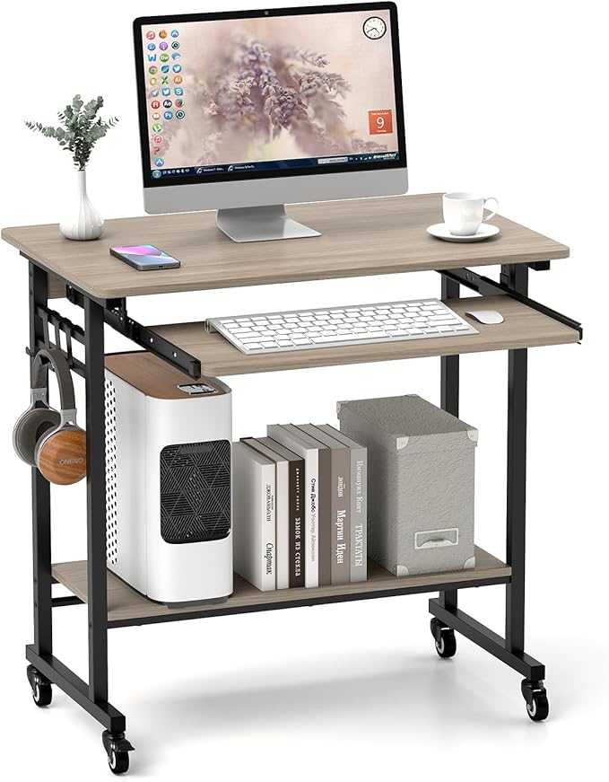 Tangkula Rolling Computer Desk Cart with Keyboard Tray, Mobile Portable Laptop PC Desk with CPU Stand & 3 Hooks for Sofa & Bed, Compact Small Desk on Wheels for Small Spaces (Grey)