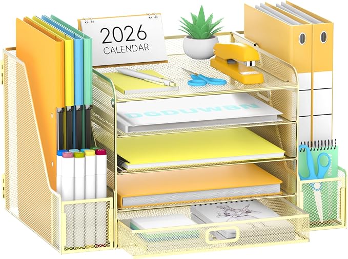 SUPEASY Mesh Desk Organizer with File Holder, 5-Tier Paper Letter Tray Organizer with Magazine Holder, Desktop Organizer and Storage with Drawer for Office Supplies Home or School (Golden)